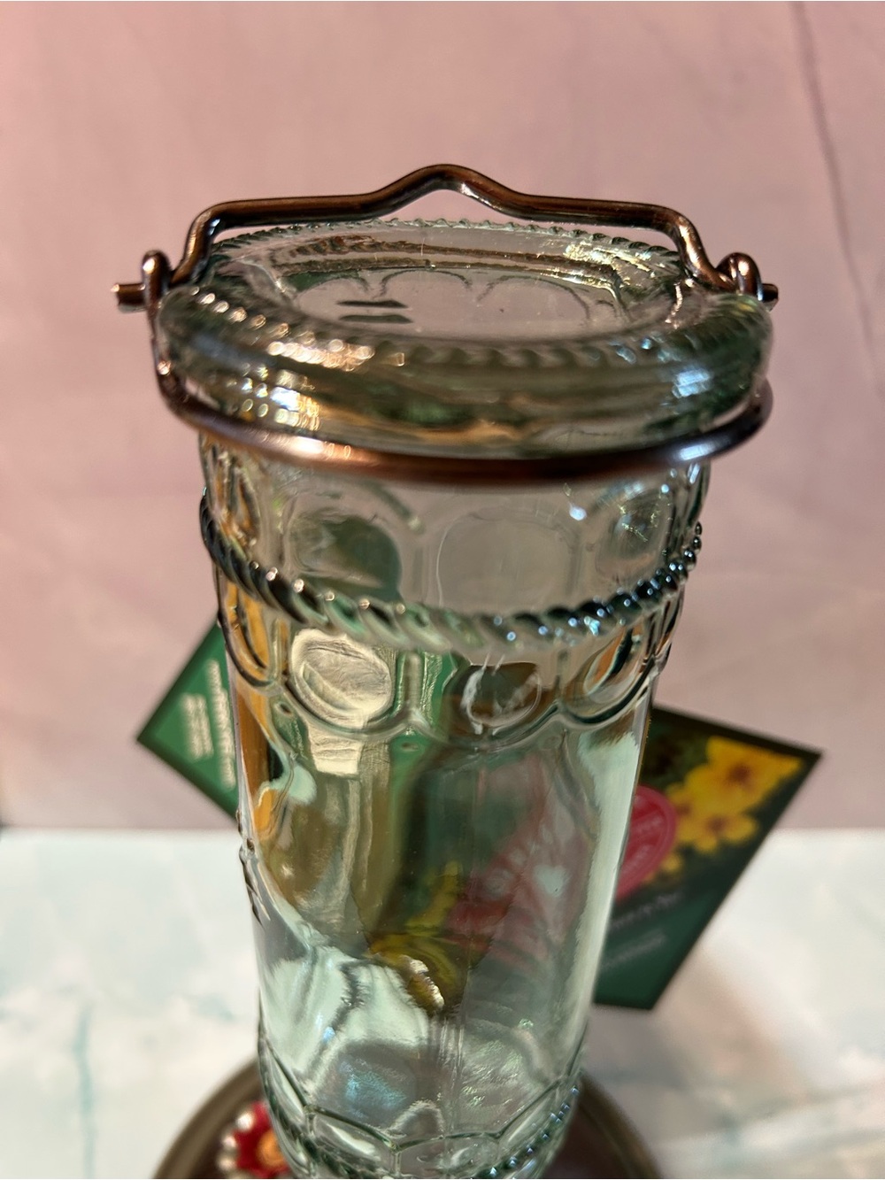 Antique-Style Green Glass and Bronze Hummingbird Feeder - Picture 3 of 5